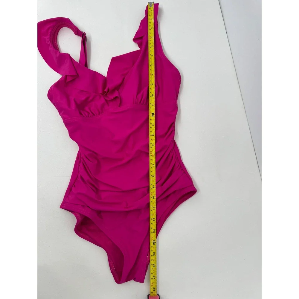 DKNY Pink Ruched Ruffle One Piece Swimsuit Adjustable Straps Pink Magenta Sz S - Picture 9 of 10